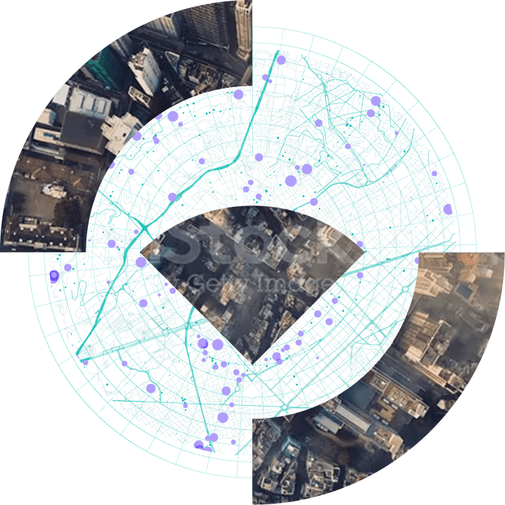 Geographic intelligence visualization combining city imagery with a map of roads and behavioral signals